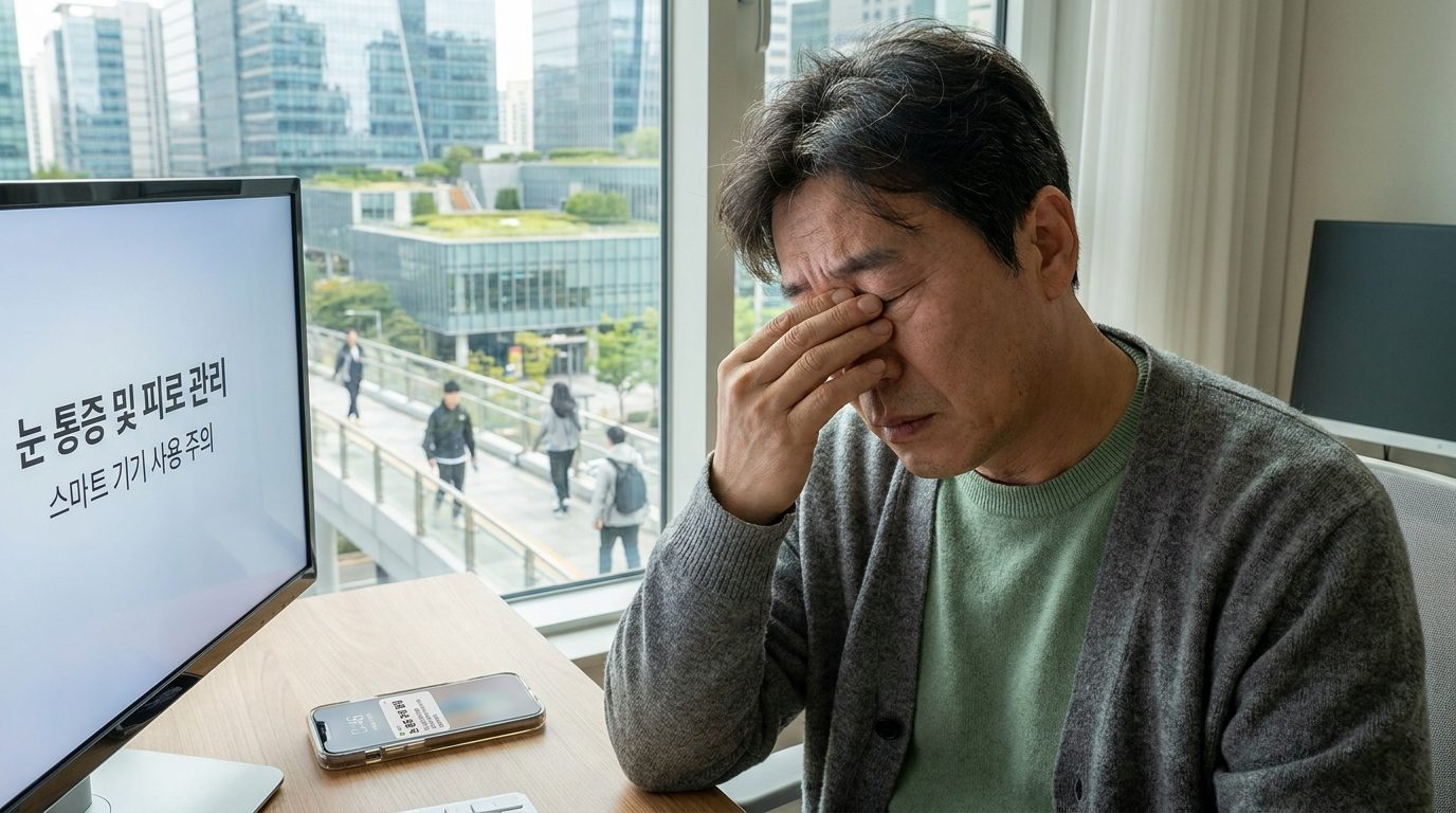 컴퓨터 앞에서 눈을 문지르며 피곤해하는 중년 한국 남성의 고화질 실사 이미지