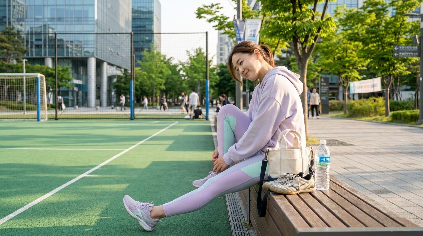 풋살 경기 후 휴식하며 스트레칭하는 한국 여성 주부의 모습와 수분 보충 문구가 있는 물병