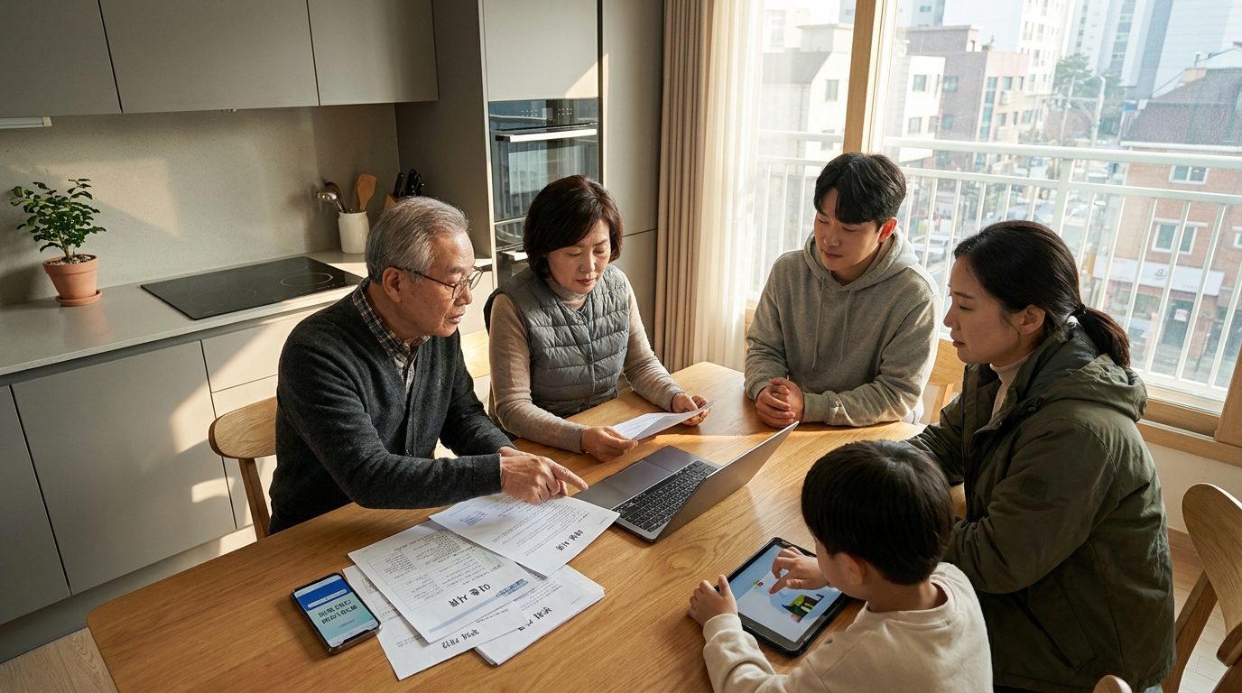 금융 서류와 대출서류를 보며 기초생활수급자 신청 준비를 하는 한국 다세대 가족 모습