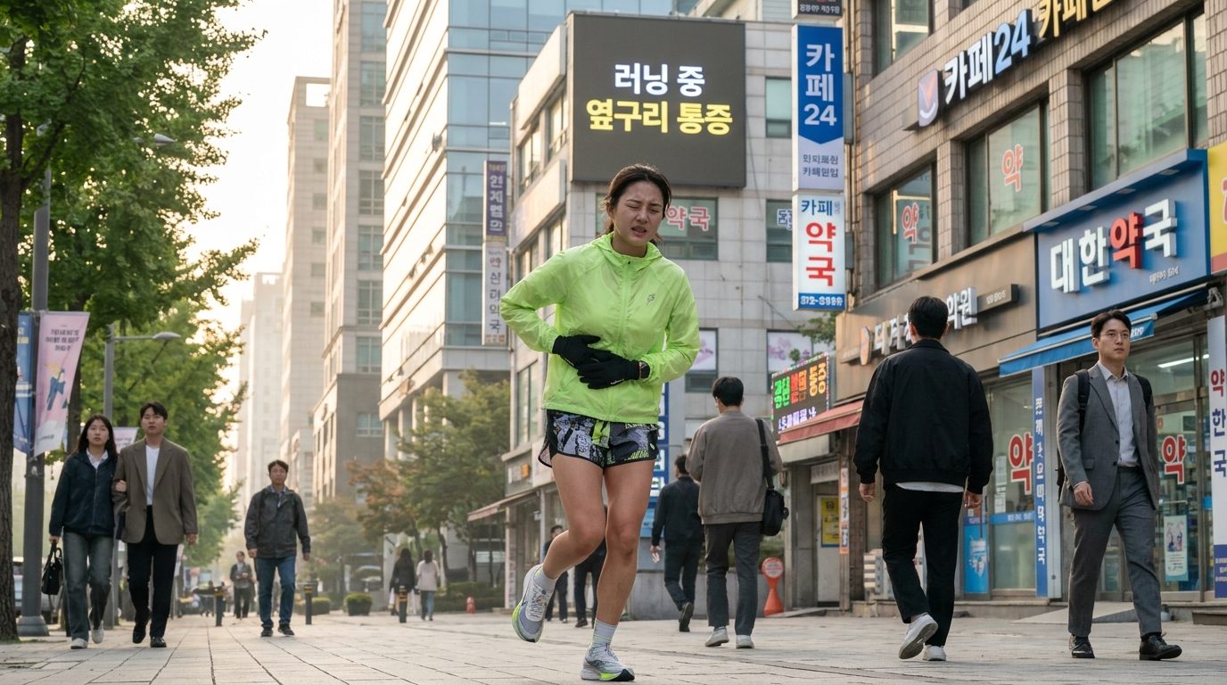 달리던 중 옆구리 통증을 느끼며 고통스러워하는 한국인 러너의 모습