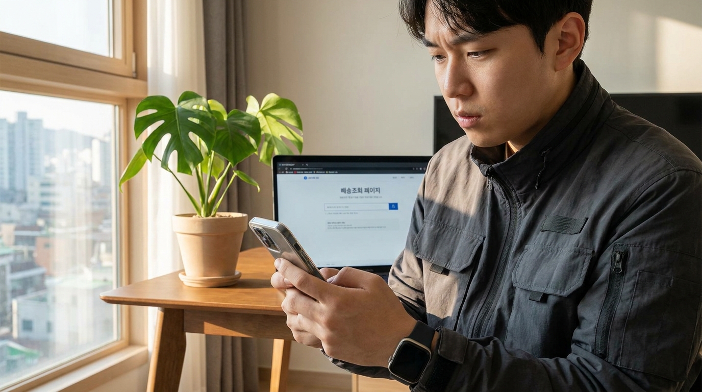 현대 한국의 아파트에서 스마트폰으로 택배 배송 알림 문자를 주의 깊게 확인하는 젊은 한국인 청년을 클로즈업으로 촬영한 이미지