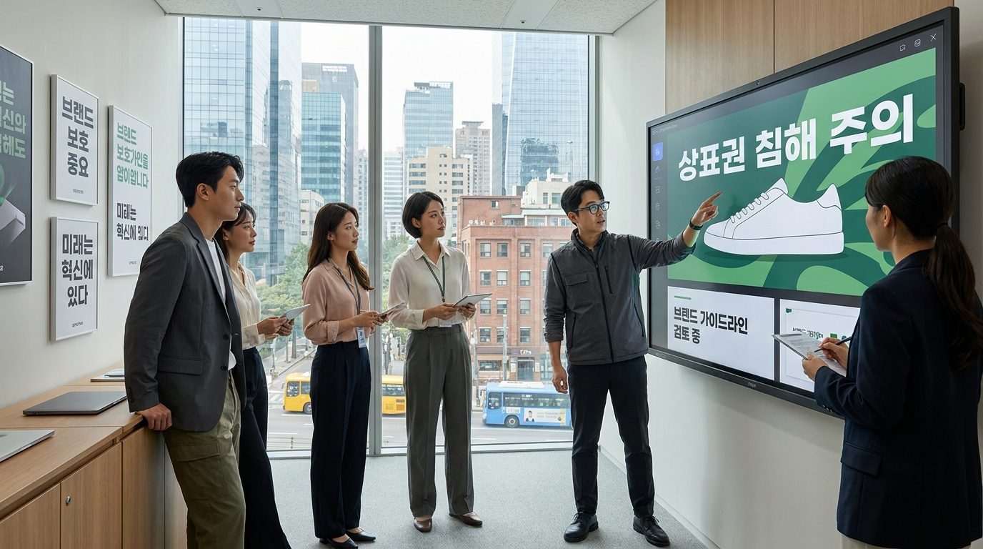 한국 마케팅 팀이 상표권 침해 주의 문구가 있는 스마트보드 앞에서 제품 디자인을 논의하는 모습