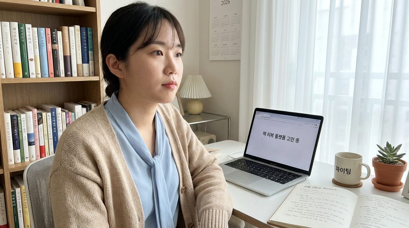 책 리뷰를 어디에 올릴지 고민하는 젊은 한국인 여성이 노트북 앞에서 생각에 잠긴 모습