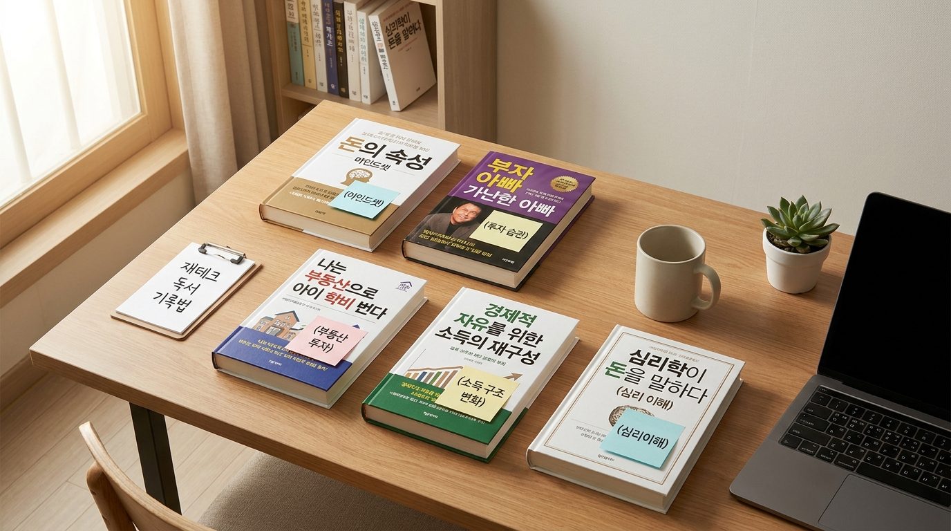 한국어로 된 다섯 권의 재테크 도서와 독서 기록법을 보여주는 정돈된 책상 풍경