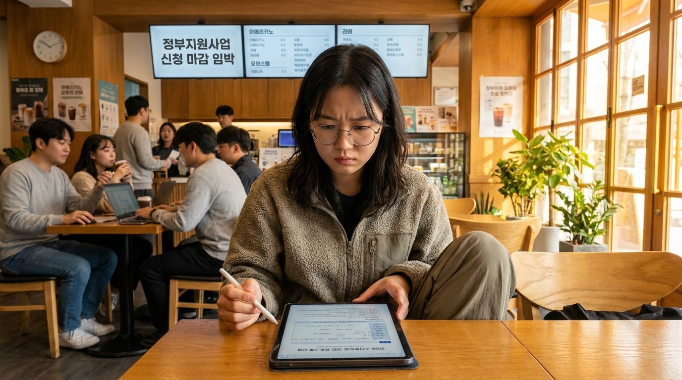 현대 한국의 카페에서 창업 지원금을 신청하는 한국 사업가가 태블릿으로 서류를 확인하는 모습.