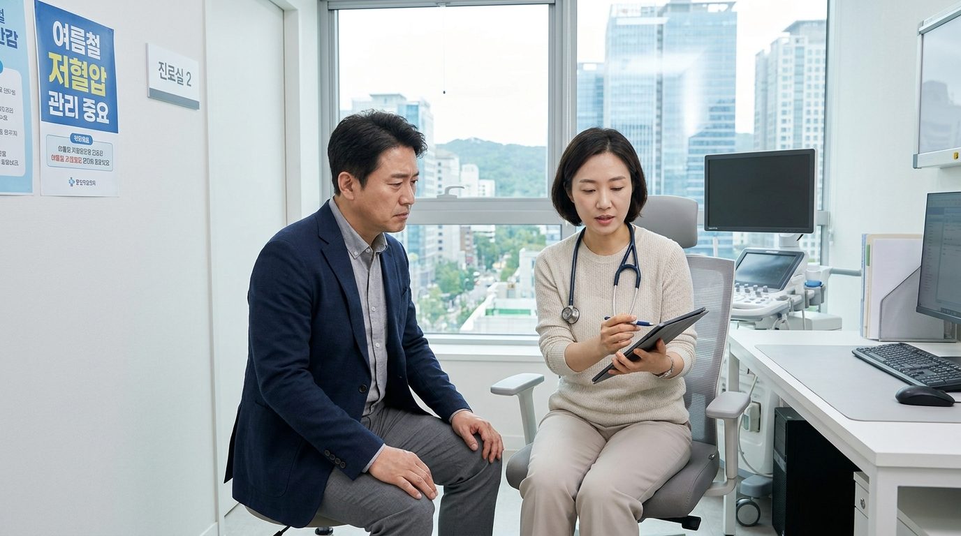 2026년 한국 병원 진료실에서 의사와 상담하는 한국 남성의 실사 이미지