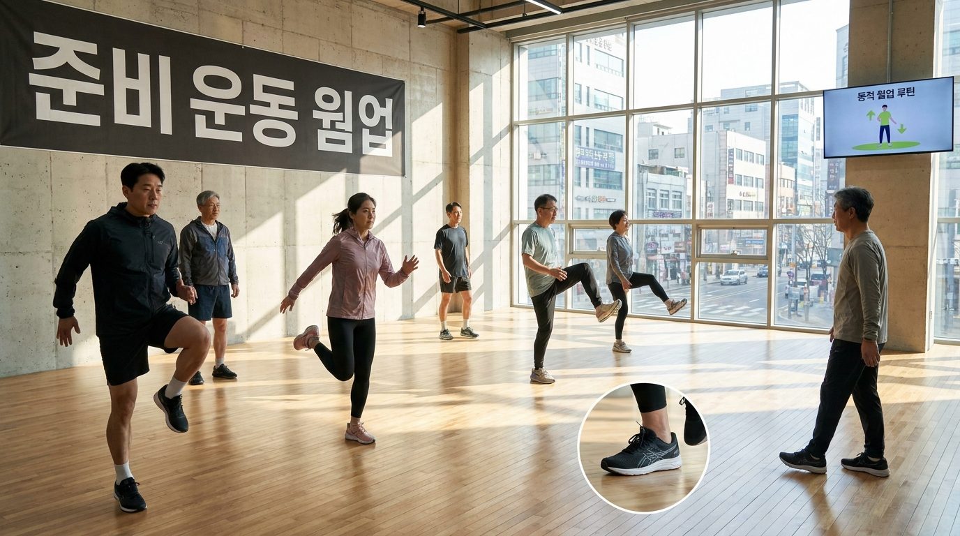 풋살 경기 전 5분 동적 웜업을 실시하는 한국인 남녀들의 실내 운동 장면