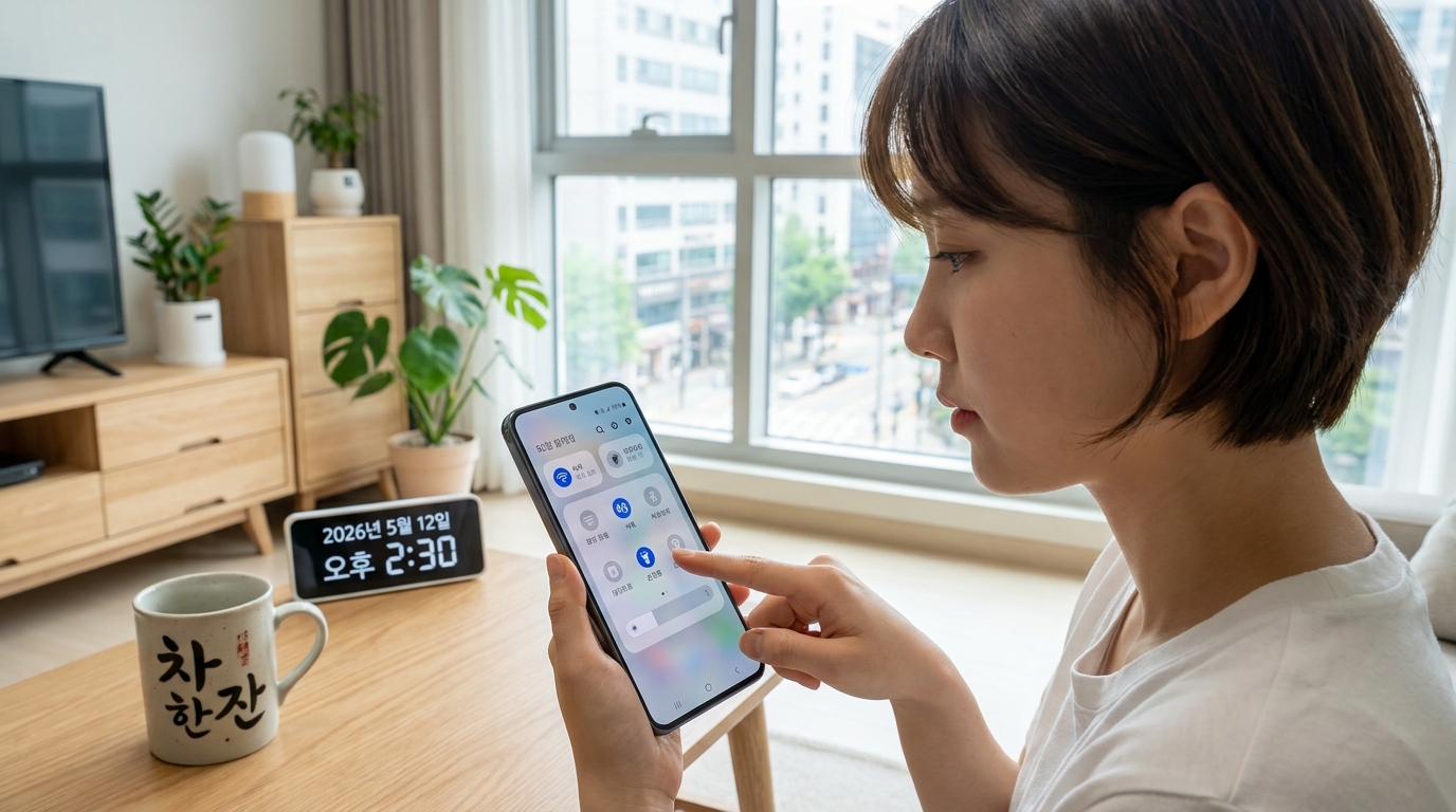 빠른 설정 패널에서 손전등 아이콘을 누르는 한국 젊은 여성의 모습
