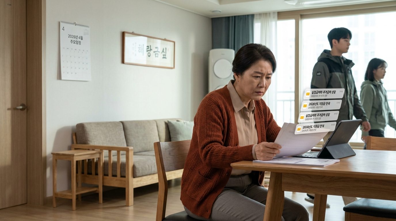 거실에서 실업급여와 주거급여 관련 서류와 태블릿을 검토하는 중년 여성의 모습
