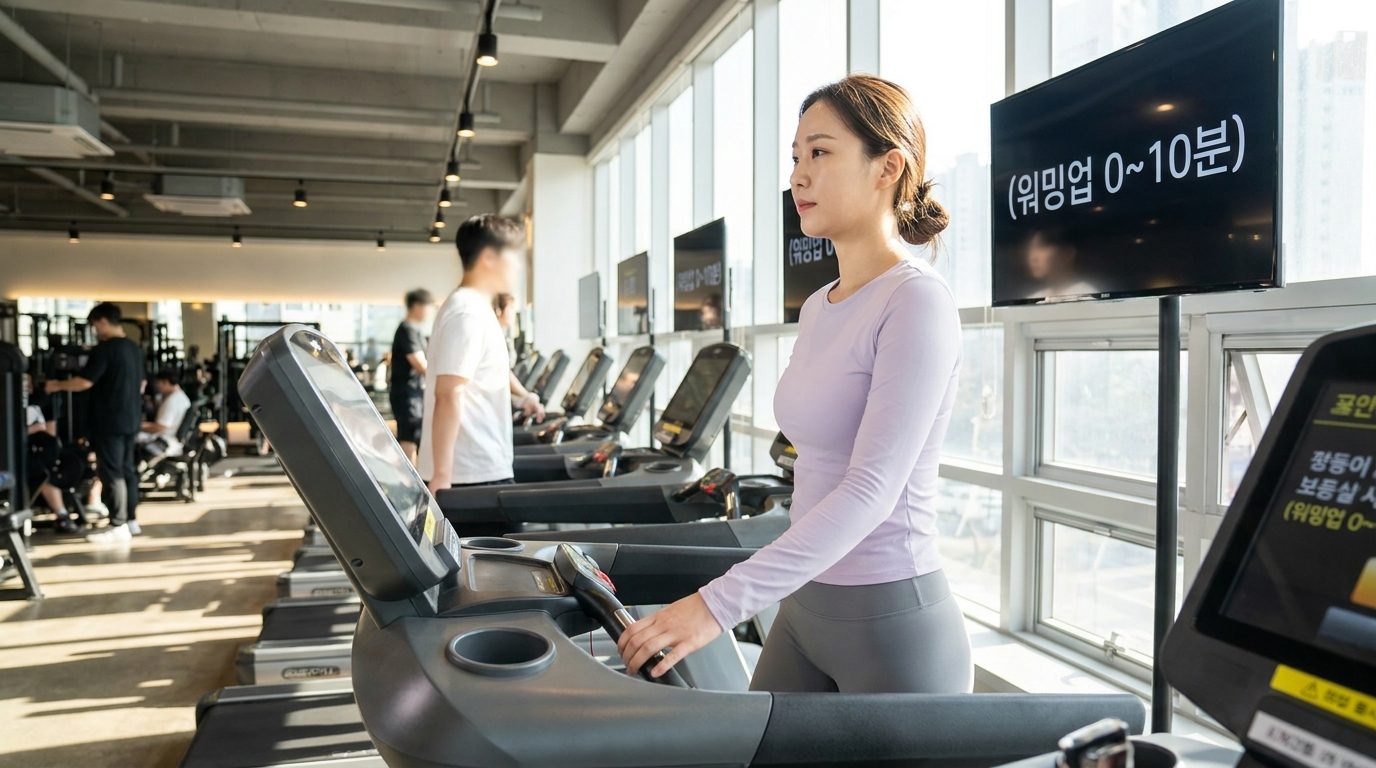 러닝머신에서 워밍업 중인 한국 여성, 헬스장 내부 밝고 현대적인 분위기.