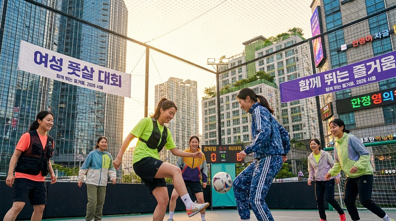 따뜻한 자연광 아래에서 현장감 있게 플레이하는 여성 풋살 참가자들의 활동적인 모습을 담은 이미지
