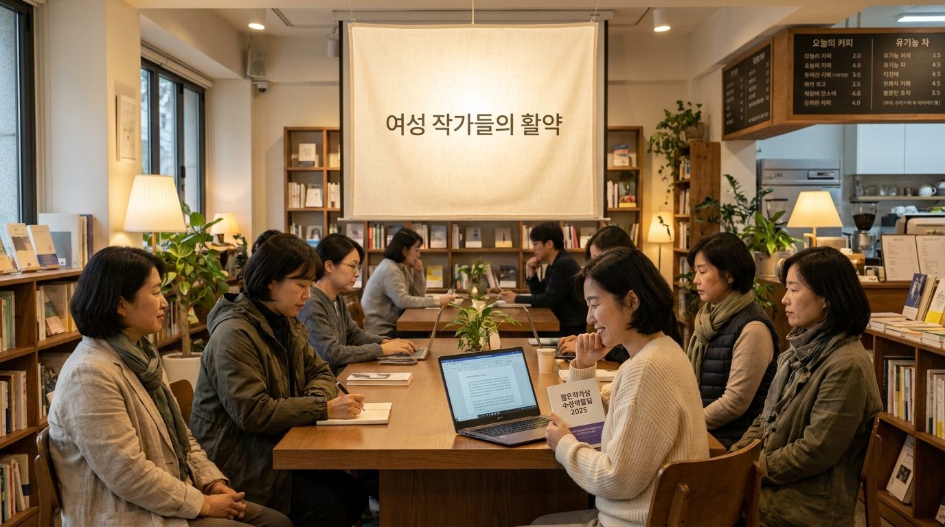 2025년 젊은작가상 여성 작가 7명이 모여 있는 한국 현대 문학 카페 풍경