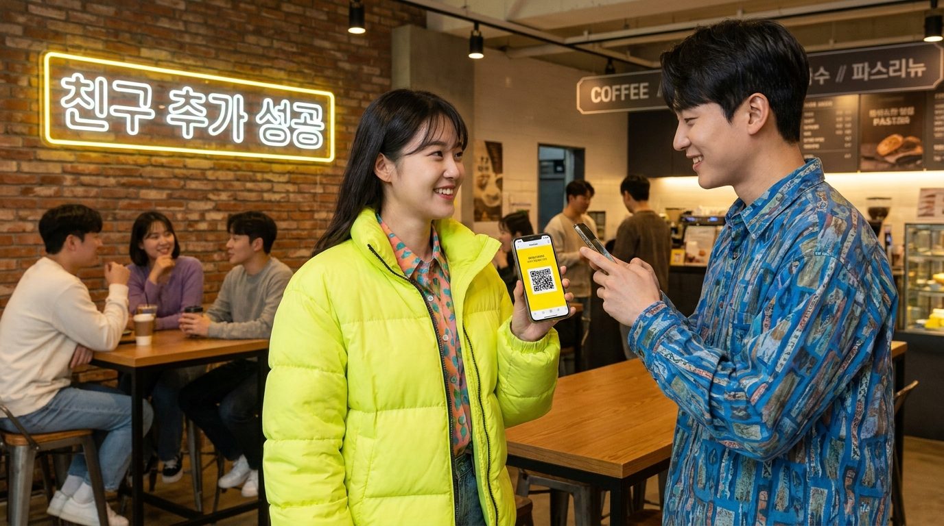 카카오톡 QR코드로 친구를 추가하는 한국인 두 사람의 모습 성공을 알리는 카페 배경