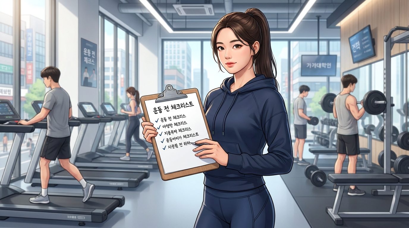 운동 전 체크리스트가 적힌 클립보드를 들고 있는 한국인 피트니스 트레이너의 모습