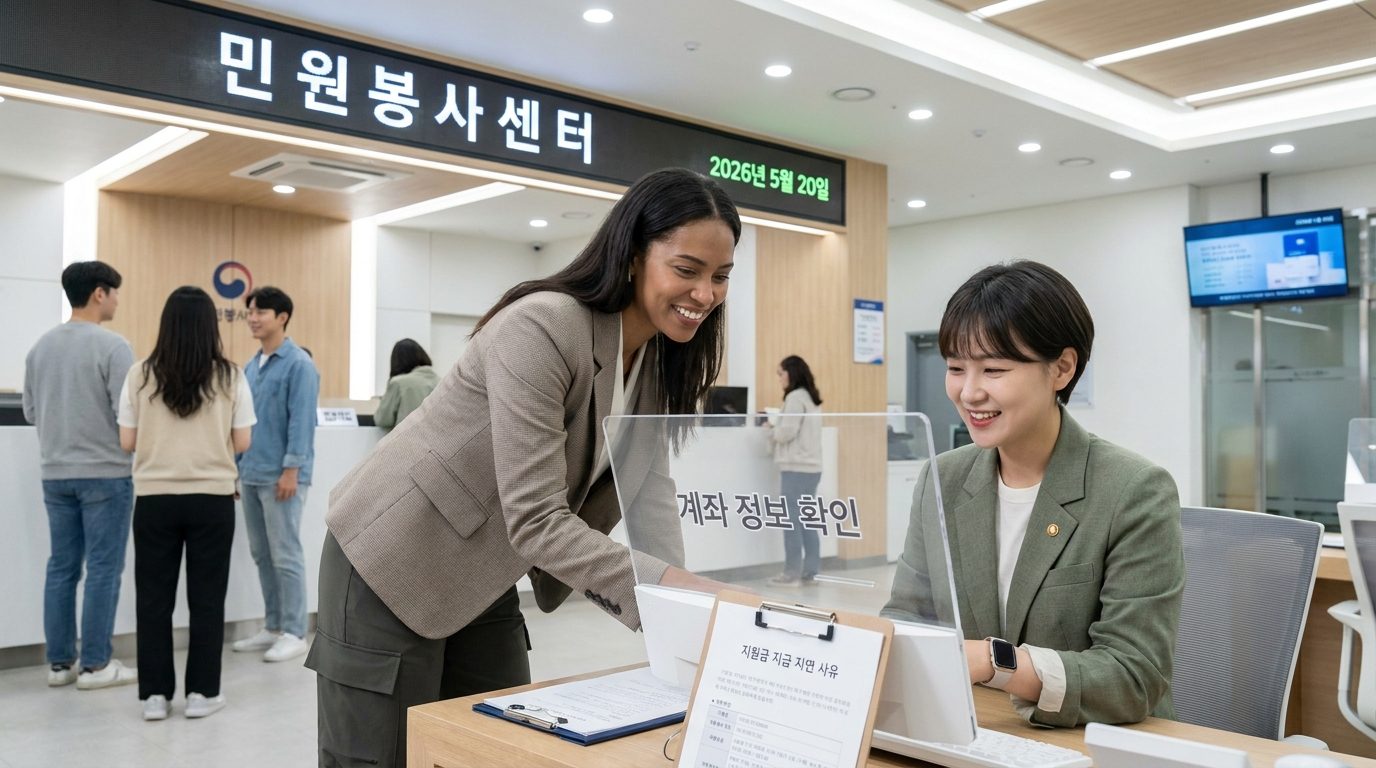 2026년 대한민국 정부지원금 담당 공무원과 신청자가 계좌 정보 등 문제를 상담하는 모습
