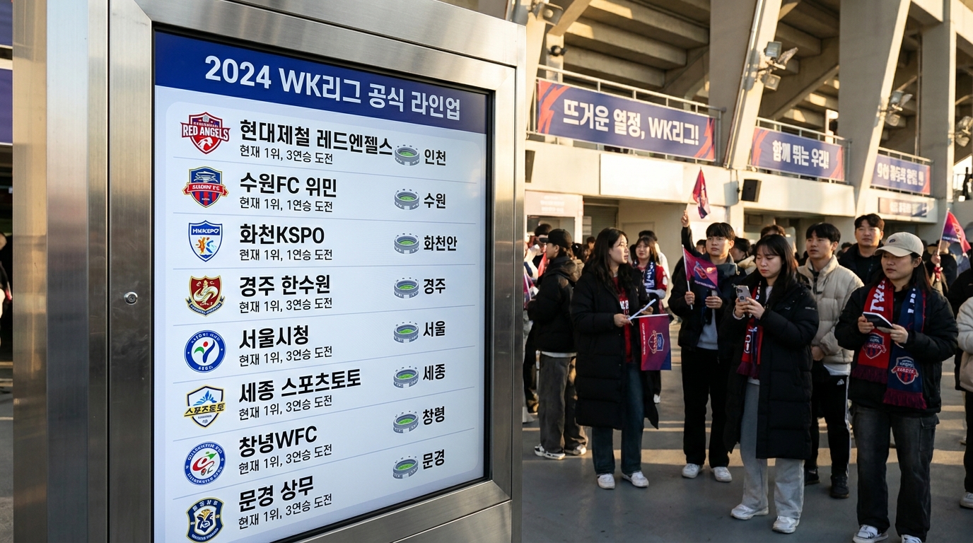 WK리그 8개 팀 공식 명단판을 경기장에서 보여주는 클로즈업 이미지