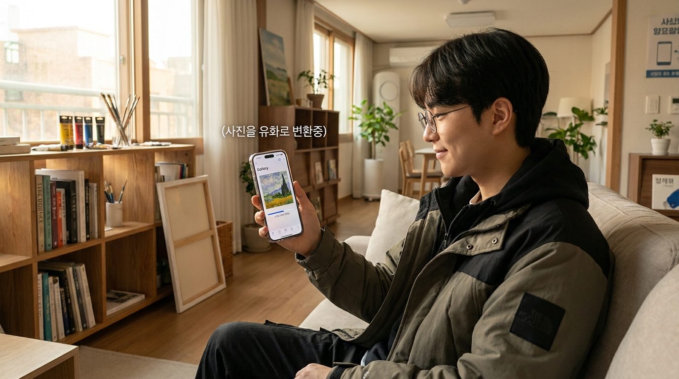 사진 그림으로 바꿔주는 앱: 보통 사진을 유화 스타일로 변환하는 스마트폰을 보고 있는 현대 한국인
