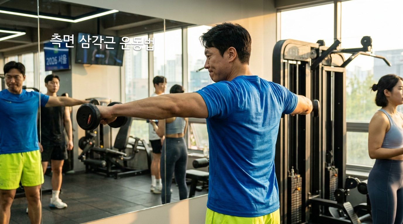 사이드 레터럴 레이즈 운동을 하며 팔과 어깨의 각도를 정확히 보여주는 한국인 운동인의 모습