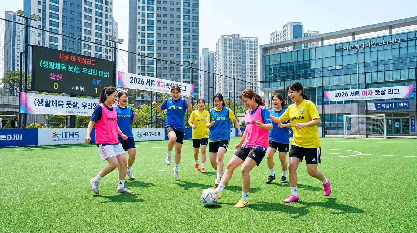 여성들이 인조잔디 구장에서 활기차게 풋살을 즐기고 있는 모습