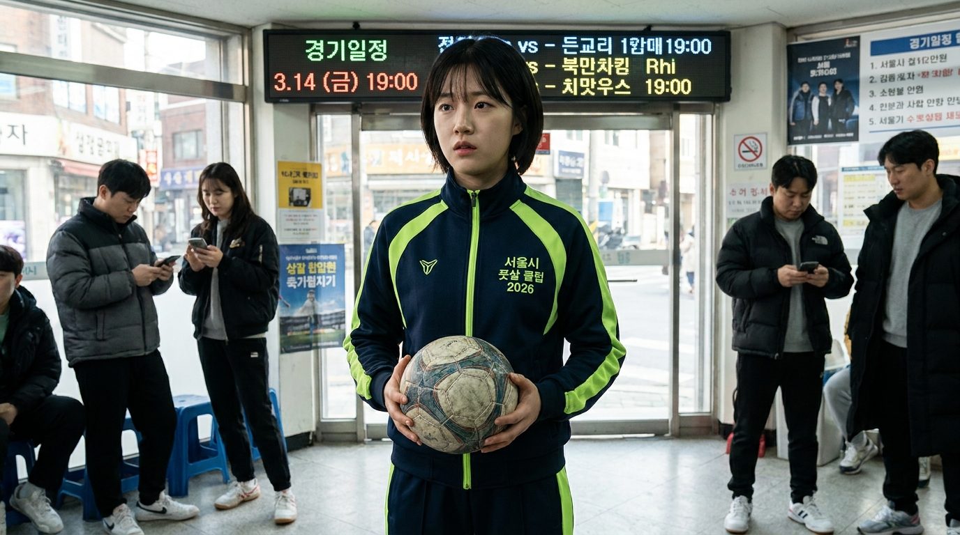 여자 풋살 초보 규칙: 풋살 경기를 앞둔 걱정과 결심을 가진 한국 여성 선수 모습