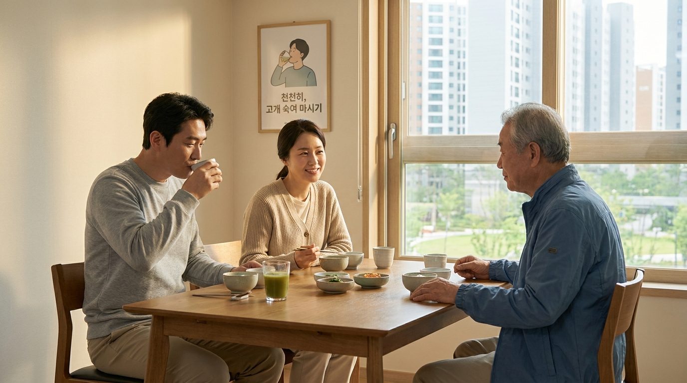 한국 가정 식사 장면, 소량씩 천천히 마시고 고개를 숙이는 올바른 식습관을 지키는 가족