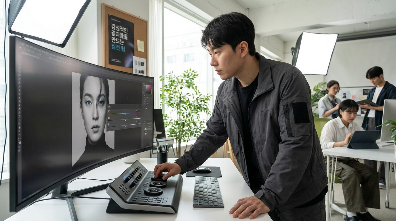 프로 사진 편집자가 모니터에서 채도와 대비를 조절하며 한쪽 눈만 컬러로 강조하는 작업 중인 모습