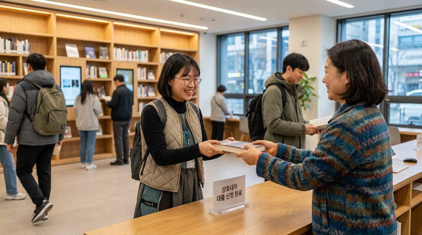 상호대차 대출 신청을 마치고 책을 받아 기뻐하는 여성 도서관 이용자와 밝은 도서관 직원의 모습