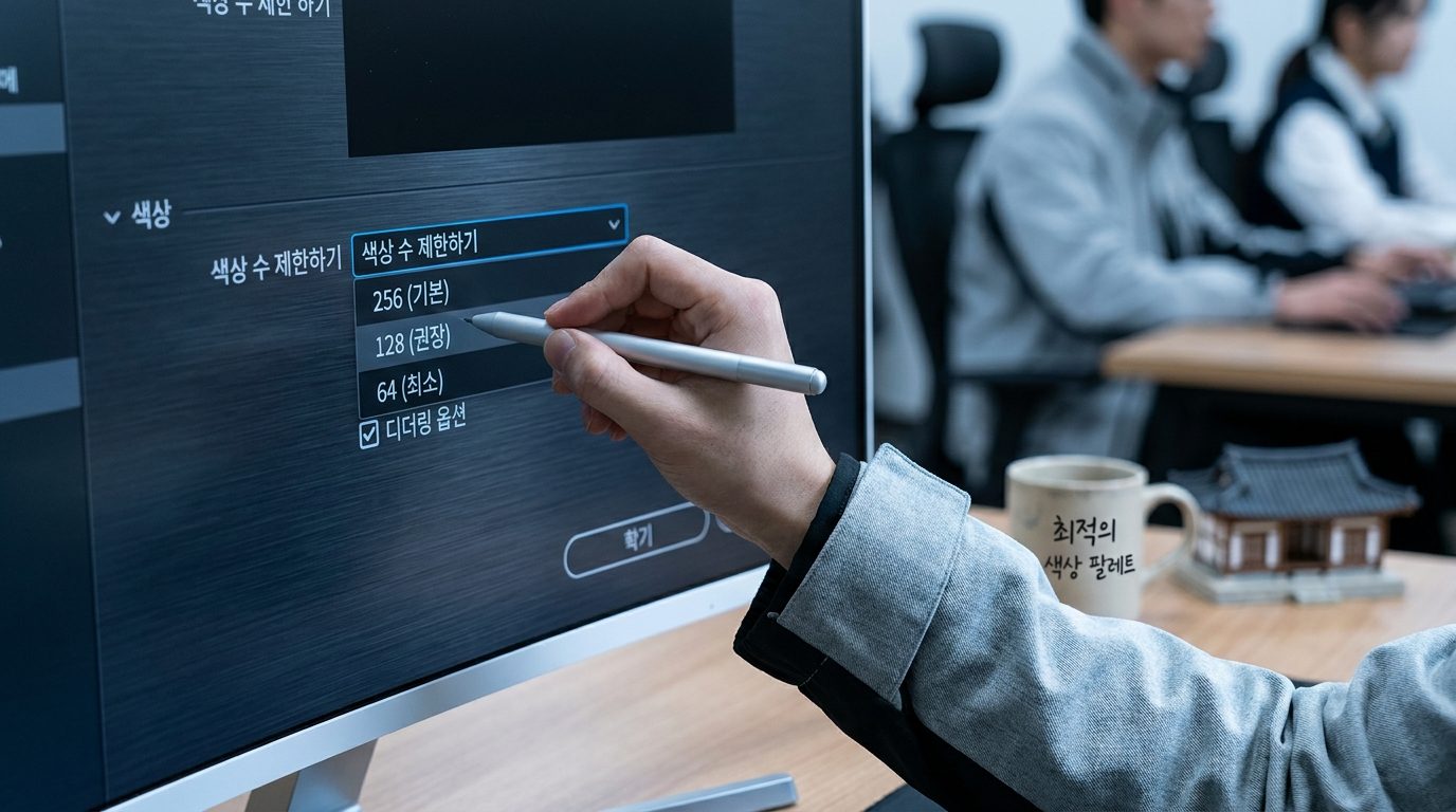 색상 팔레트 수 제한 및 디더링 옵션을 선택하는 영상 편집 프로그램 화면 근접 촬영