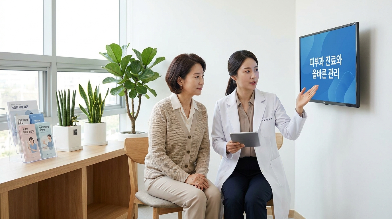 피부과에서 진료를 받고 올바른 피부 관리법을 듣는 한국 중년 여성 환자