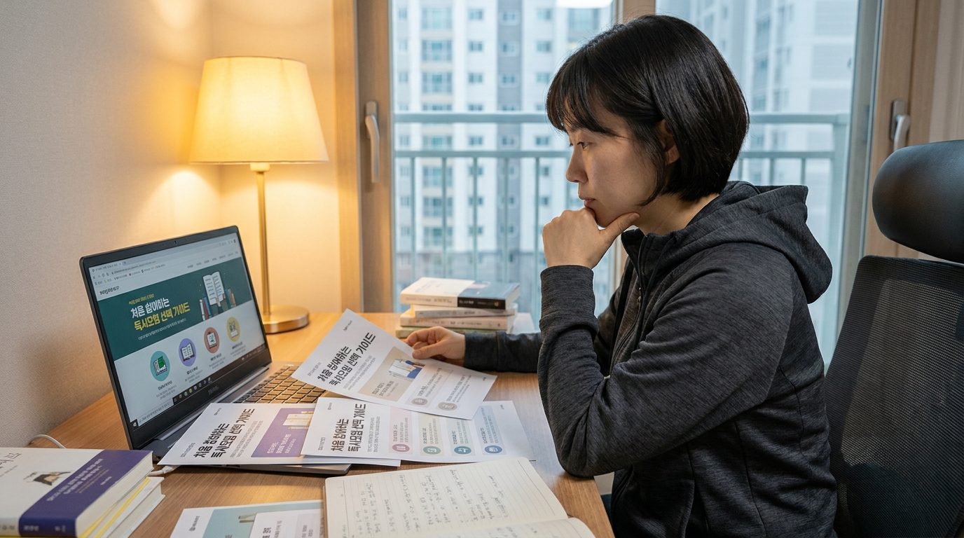 첫 참여자용 온라인과 오프라인 독서모임 안내책자와 노트북을 보면서 신중히 선택하는 한국인 30대 성인 모습