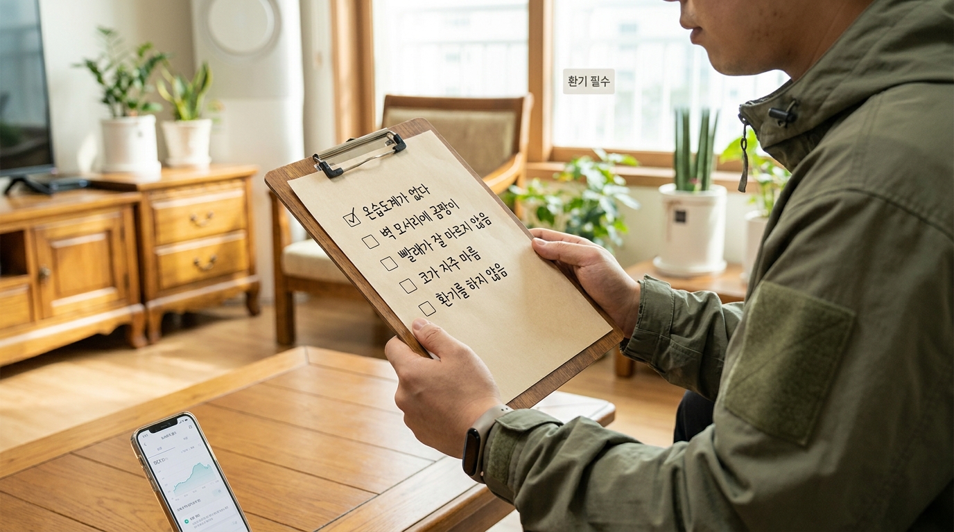 한국 가정의 습도 점검 리스트를 클로즈업으로 보여주는 모습, 온습도계, 창문, 스마트폰 화면 등이 한국어로 표현됨