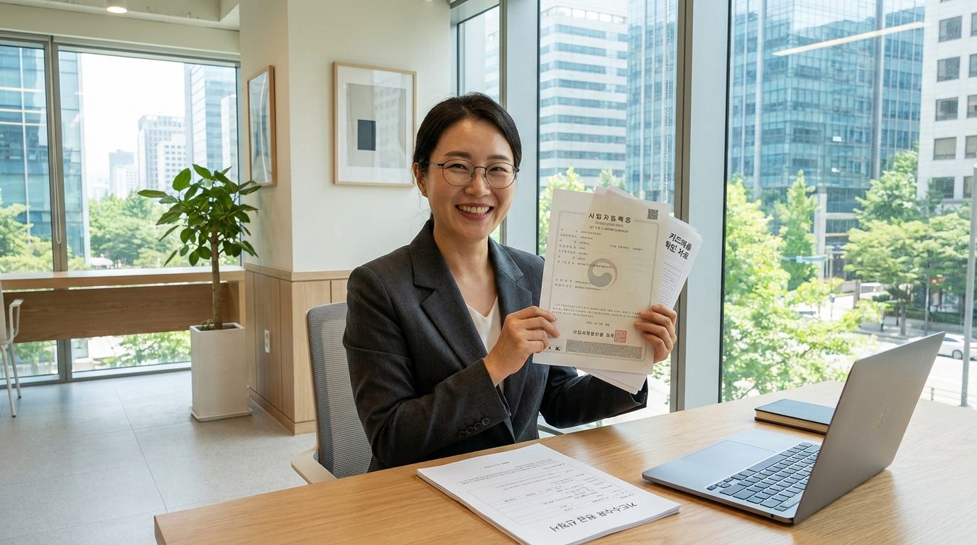카드수수료 환급 신청서와 사업자등록증 서류를 들고 환하게 웃고 있는 한국 소상공인 모습.