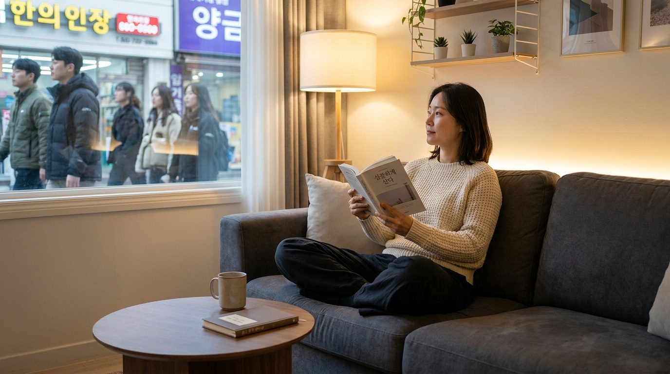 따뜻한 조명 아래 소파에 앉아 철학적 미니멀리즘 책을 읽으며 깊이 생각하는 한국 여성의 모습, 포근한 거실 분위기.