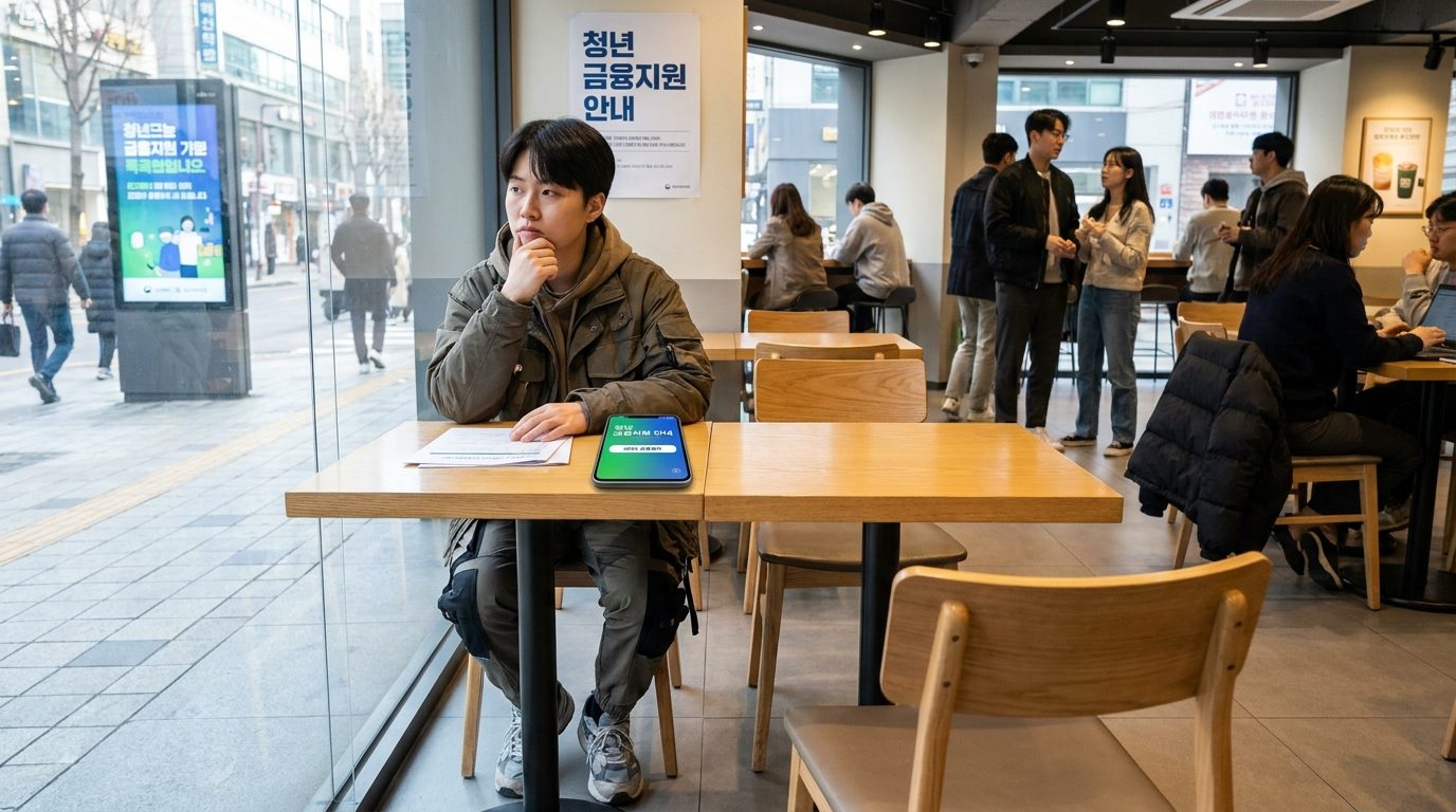 무직 청년 적금: 젊은 한국인이 카페에서 금융지원 안내를 확인하며 고민하는 모습의 실사 사진