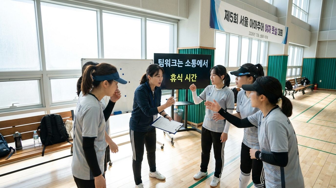 경기 중 휴식 시간에 전술과 팀워크를 논의하는 아마추어 여자 풋살팀 코치와 선수들 모습