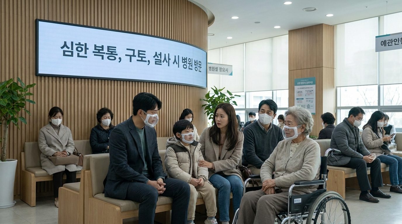 한국 병원 대기실에서 어린이와 노약자가 보호자와 함께 마스크를 쓰고 걱정스럽게 앉아 있는 모습과 (심한 복통, 구토, 설사 시 병원 방문) 문구가 나온 전자 간판.