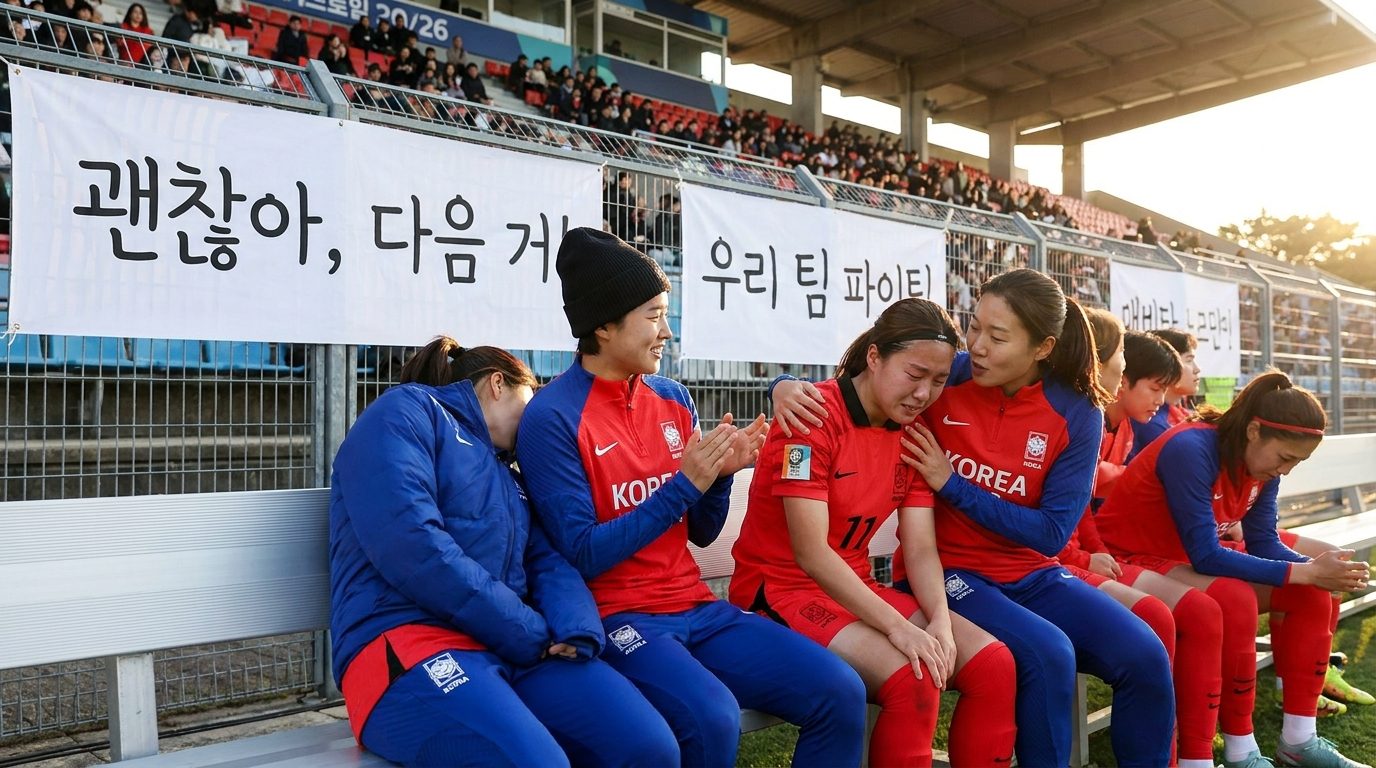 경기 중 실수한 팀원을 격려하며 회복하는 여자 축구 팀원들의 모습