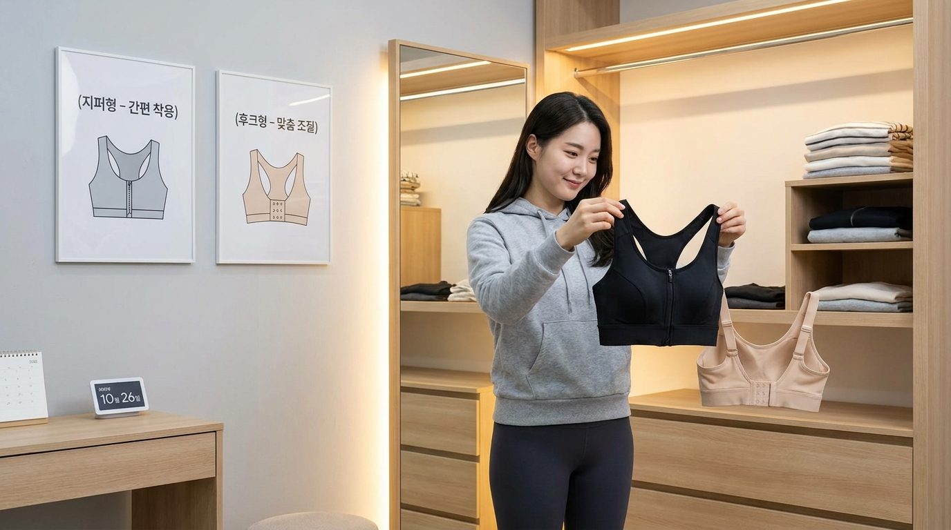 한국 여성 스포츠인이 지퍼형과 후크형 스포츠 브라를 비교하며 착용하는 모습