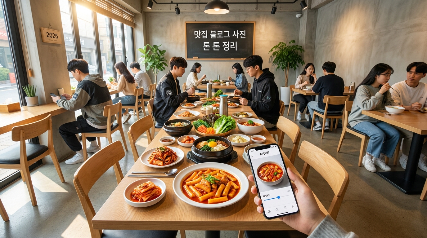 코리안 레스토랑에서 AI색보정 앱을 사용하는 모습을 보여주는 맛있게 꾸민 한 상차림