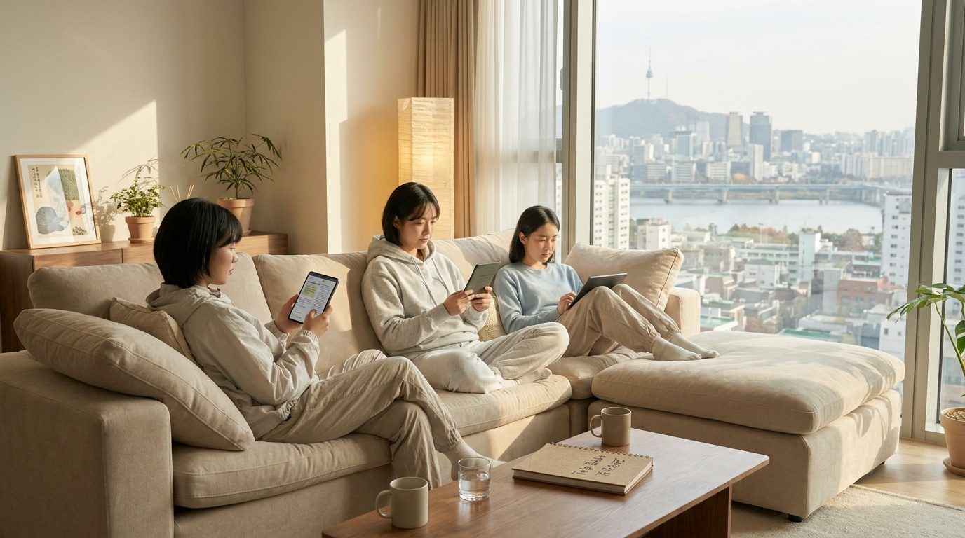 서울의 도시 경관이 보이는 아늑한 거실에서 전자책을 읽는 한국 여성들의 모습
