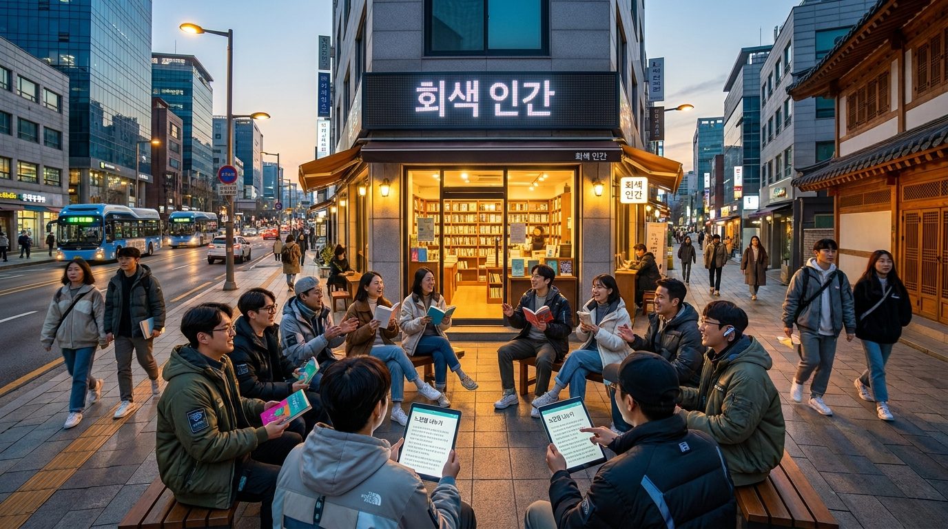 현대 한국 도시의 밤거리에서 회색 인간 책을 놓고 토론하는 사람들들 모습 타협 없이 한국적 환경으로 진중하게 연출됨