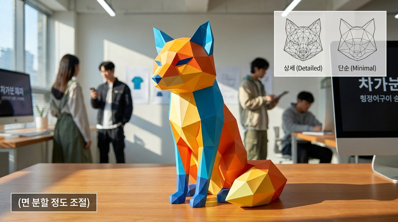 로우폴리 스타일의 면 분할 정도를 보여주는 다각형 동물 모델과 비교 인서트, 따뜻한 조명과 부드러운 그라데이션 배경