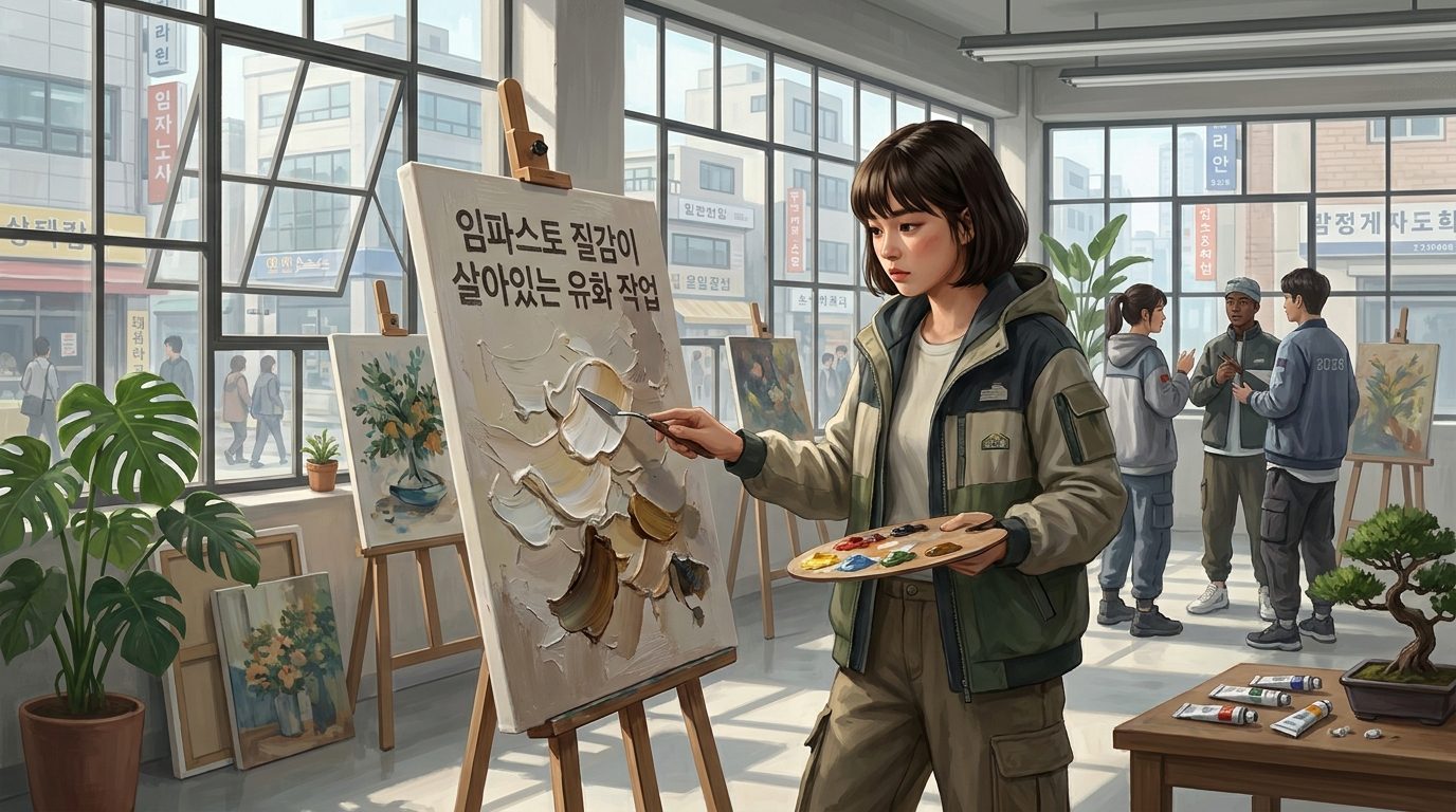유화 스타일 AI: 한 젊은 한국 여성 화가가 임파스토 유화 기법으로 캔버스에 두껍게 물감을 칠하는 모습, 자연광이 붓터치 질감을 강조하는 실사 스타일의 스튜디오 장면