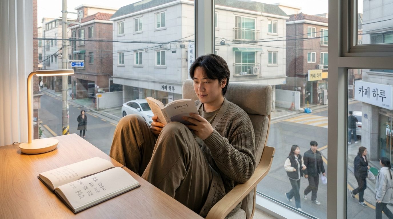 조용한 집 안 한국 방에서 슬픈 소설을 읽으며 감정을 마주하는 사람의 모습