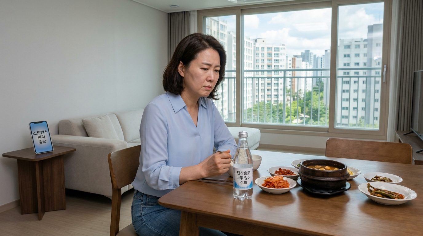 현대 한국 가정에서 스트레스를 받고 식습관에 주의하는 40대 한국 여성의 이미지