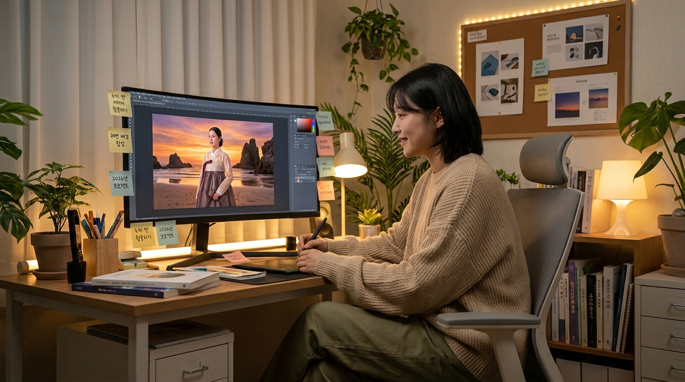 누끼 딴 이미지를 활용해 배경 합성 작업 중인 한국의 크리에이티브 디자이너 스튜디오 풍경