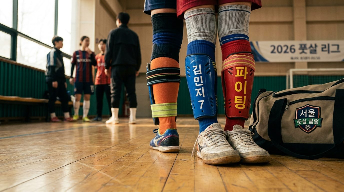 여성 풋살 선수의 다양한 디자인 신가드 클로즈업 이미지로 밴드 스타일과 한글 텍스트가 보인다.