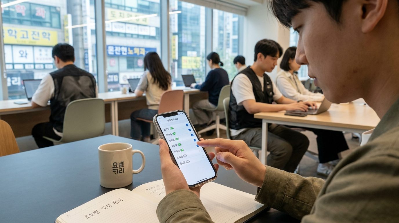 스마트폰 알람 반복 요일 설정 화면을 터치하는 젊은 한국 직장인의 손과 주변 사무실 배경.