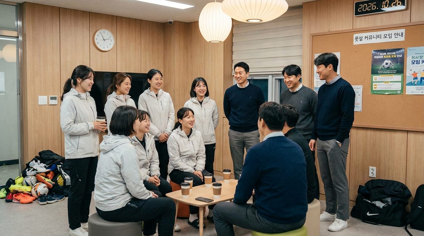 포근한 실내 공간에서 풋살 커뮤니티 모임을 즐기는 한국 남녀들의 따뜻한 교류