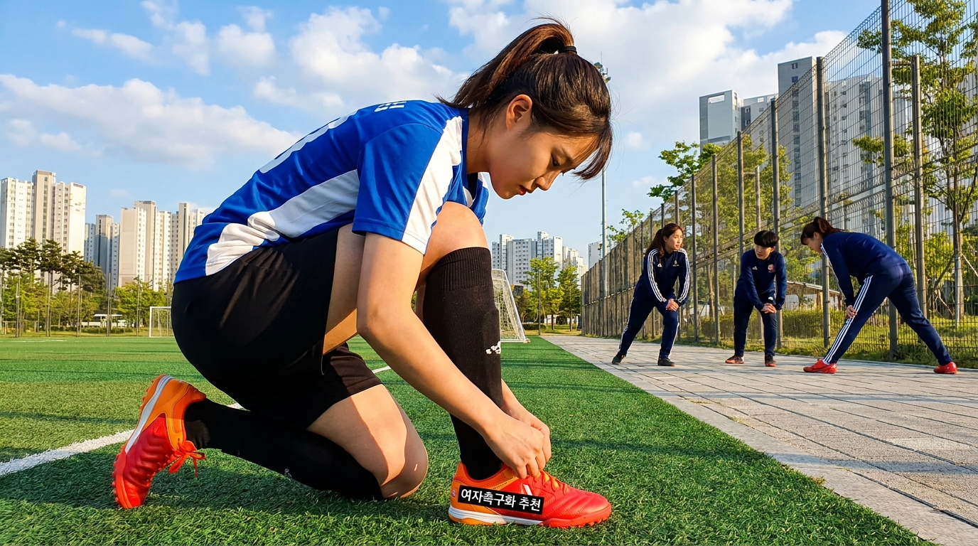 대한민국 도시 인조잔디 구장에서 여자 축구 선수가 TF 축구화를 묶고 있는 모습